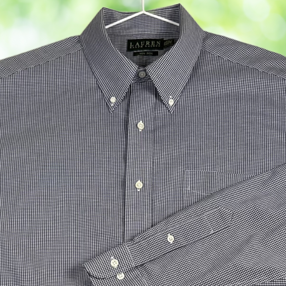 LAUREN RALPH LAUREN Gingham Check Dress Shirt Non Iron Cotton Blue 17.5 34/35